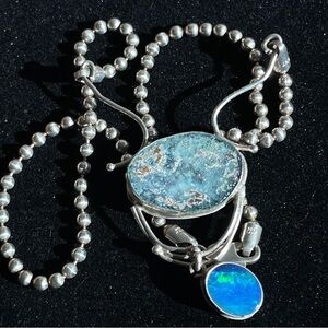 Vintage Unique Roman Glass and Opal Sterling Silver Necklace on Ball Chain